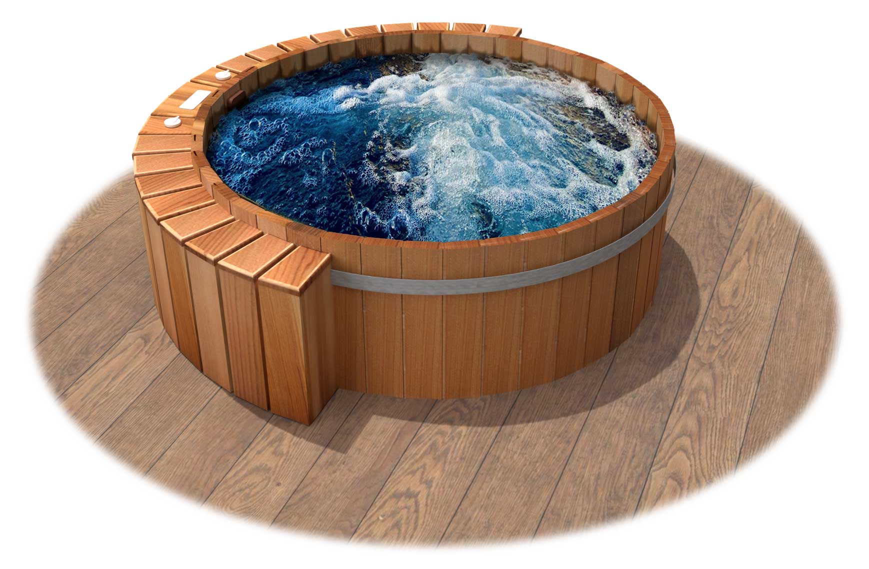 Aurora Inset Cedar Wood Hot Tub with jets on